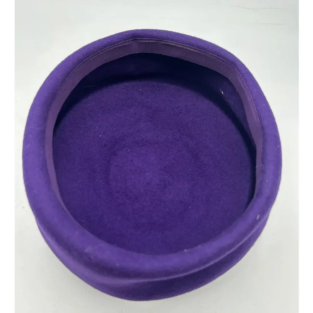 Vintage 80s Purple Wool Felt Pillbox Hat Olive Velvet Rosette Flowers 56cm Sz M - Picture 5 of 13